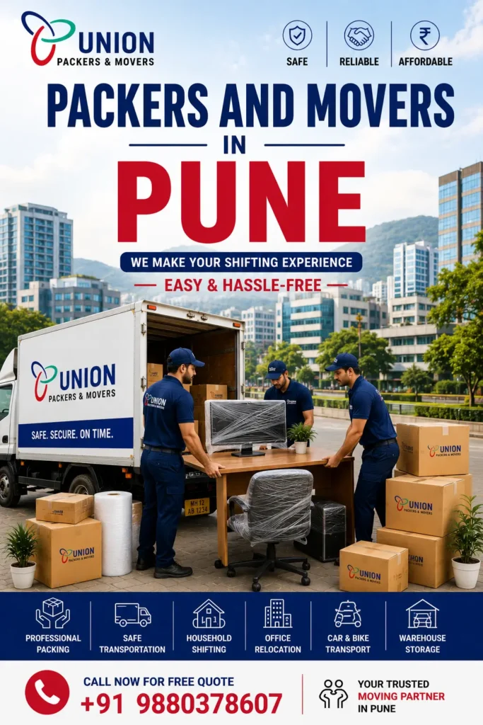 Professional packers and movers in Pune handling office furniture and computer setup for safe office relocation services