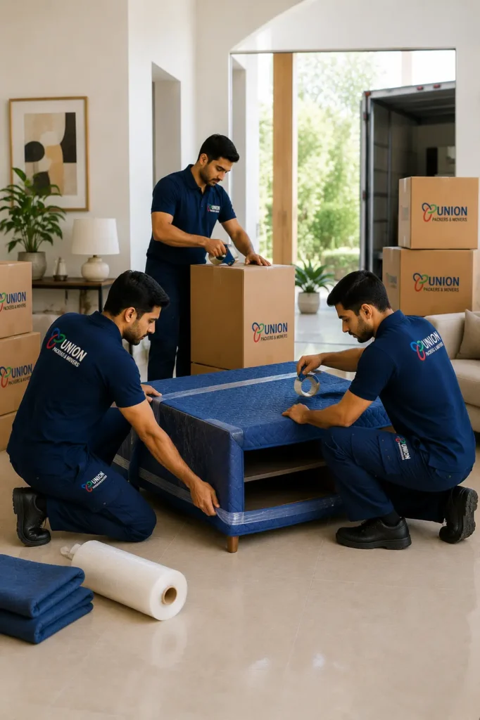 Packers and Movers in Arekere professionally wrapping and securing furniture with protective moving blankets and packing materials