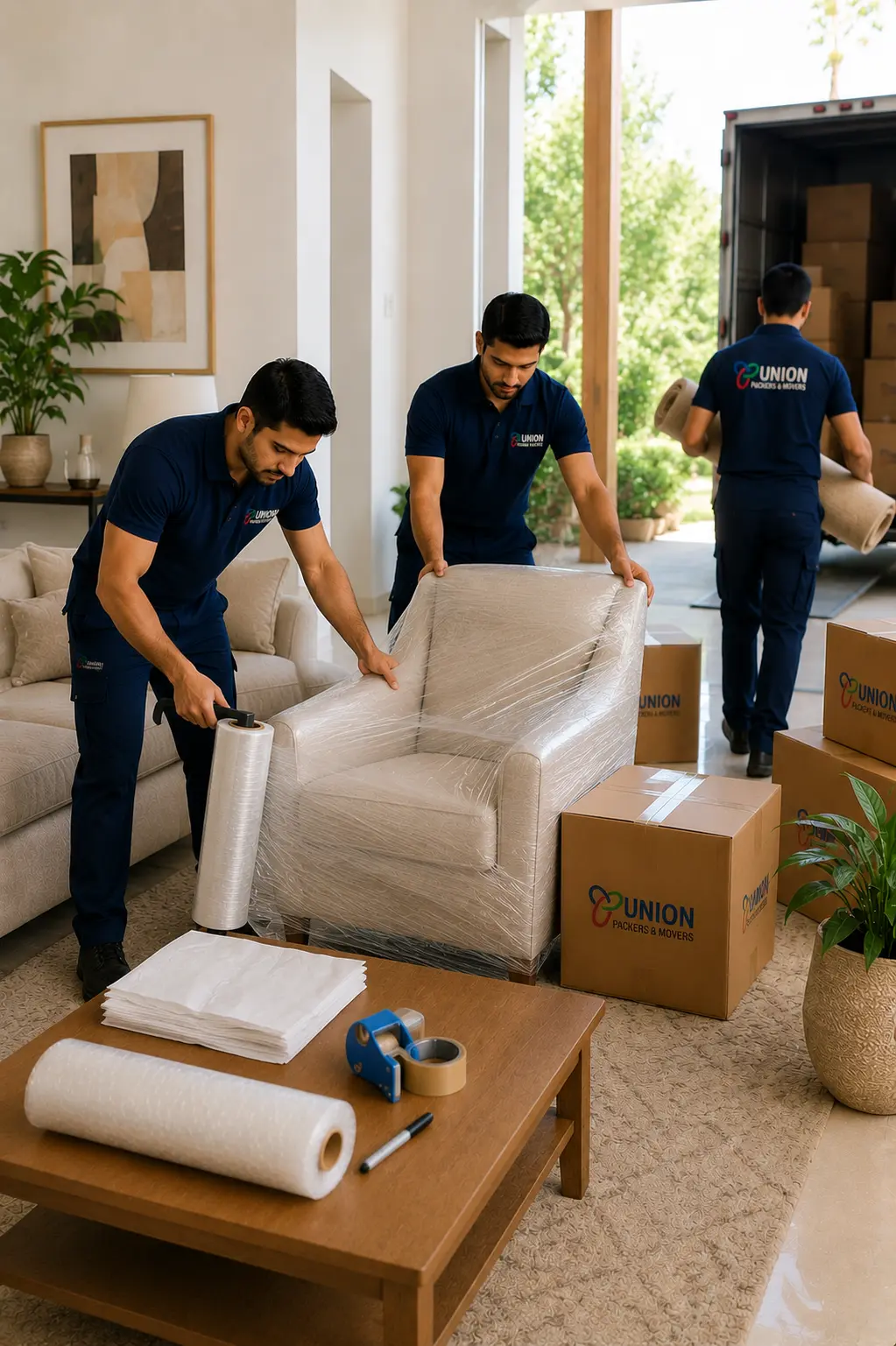 Packers and movers in Bannerghatta carefully wrapping an armchair with protective stretch film inside a modern home before relocation