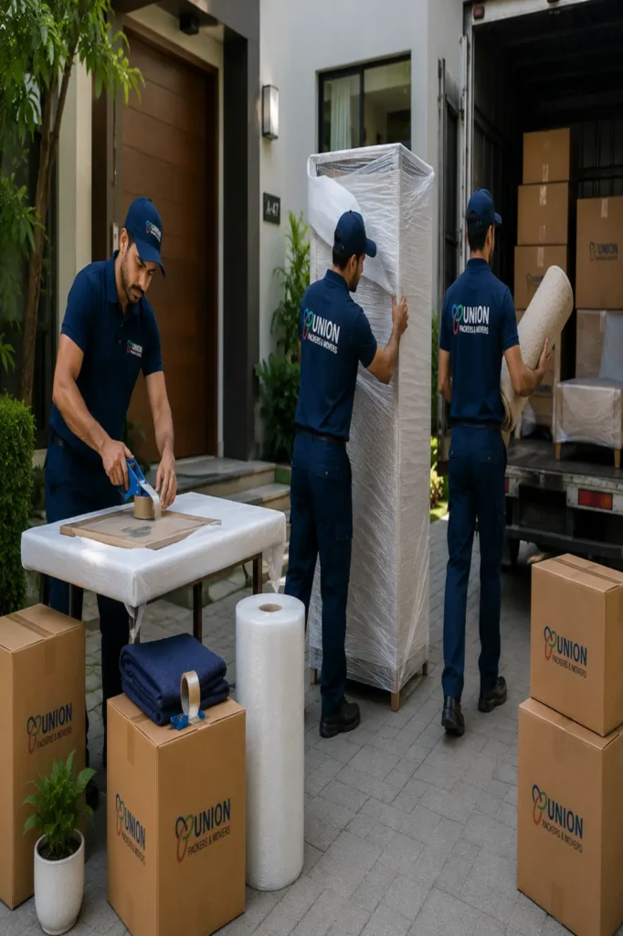 Packers and movers in Bellandur wrapping furniture, packing household items, and loading a moving truck outside a modern home
