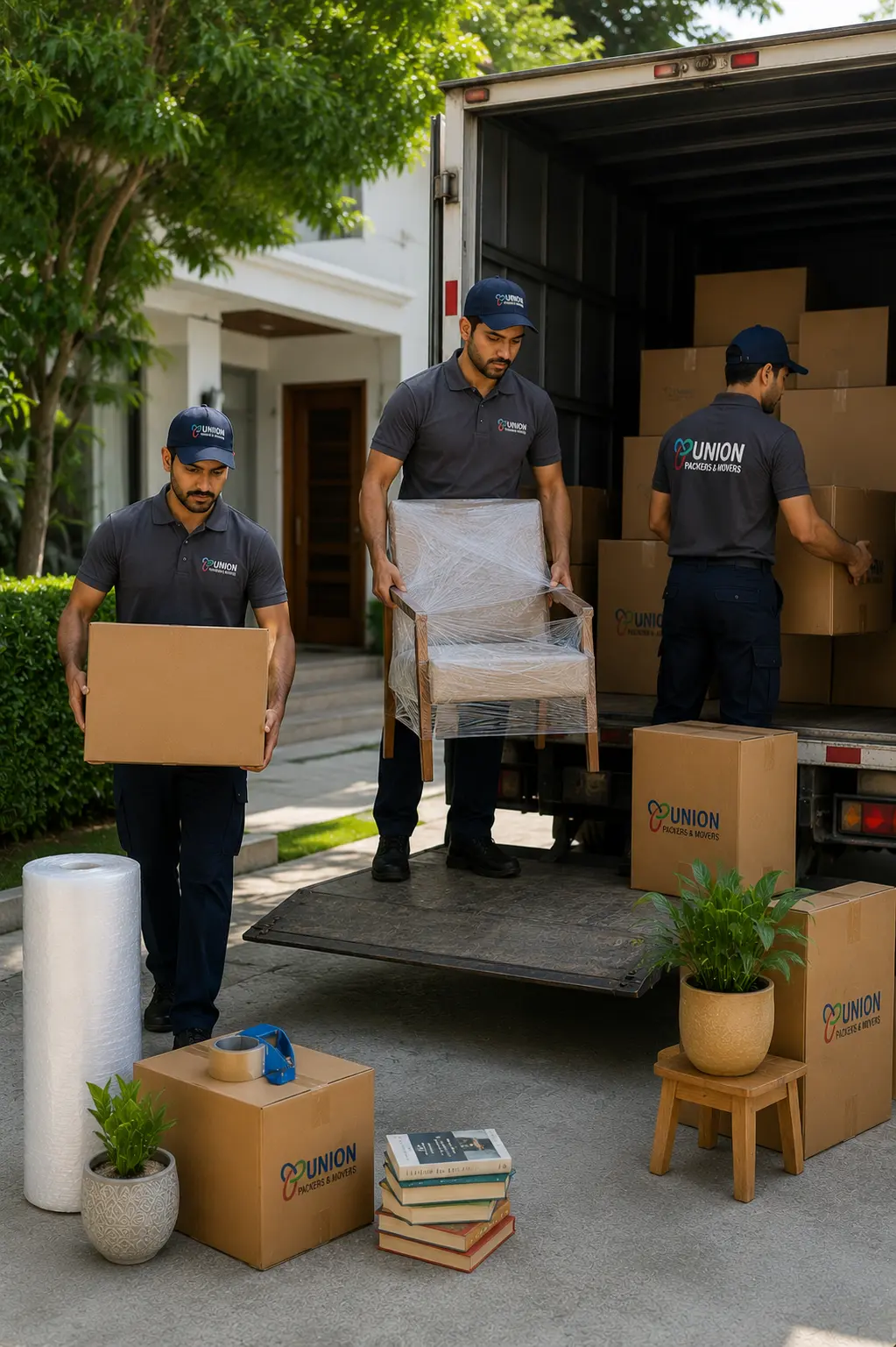 Packers and movers in Bellandur unloading furniture, boxes, and household items from a moving truck at a residential property