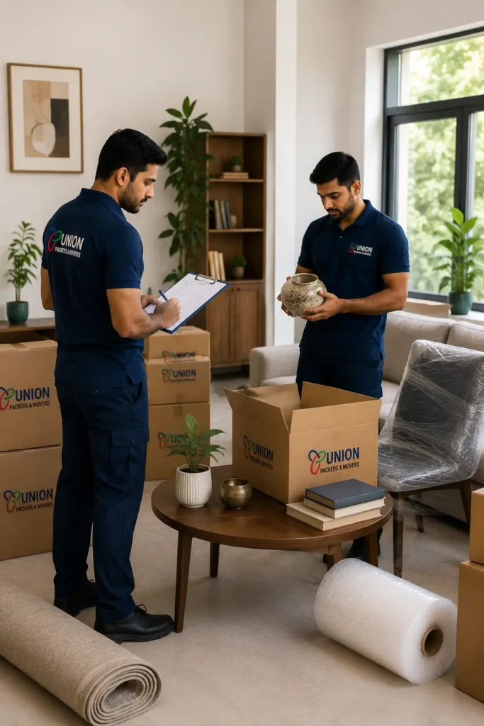 Professional Packers and Movers in Bommanahalli inspecting and counting household items while preparing for home shifting and packing services.
