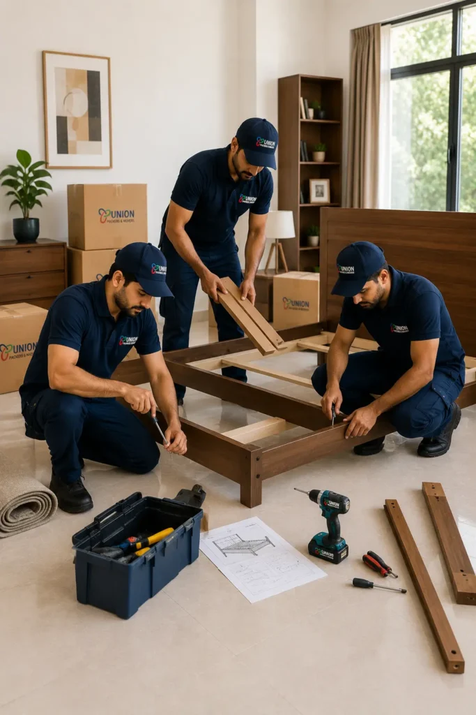 Three professional Packers and Movers in BTM Layout assembling a wooden bed frame during a household shifting and relocation process.