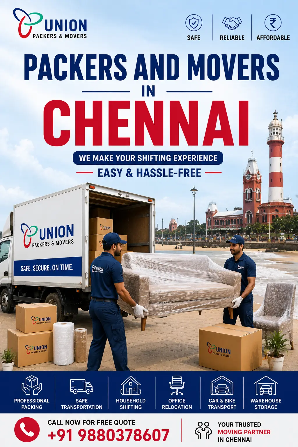 Professional packers and movers in Chennai lifting and transporting wrapped sofa for safe household shifting services
