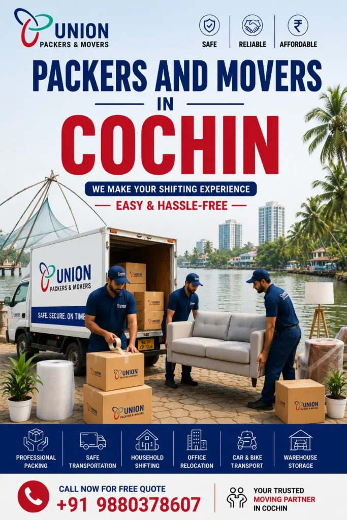 Professional packers and movers in Cochin transporting and packing household furniture near Cochin waterfront with a moving truck and relocation crew.