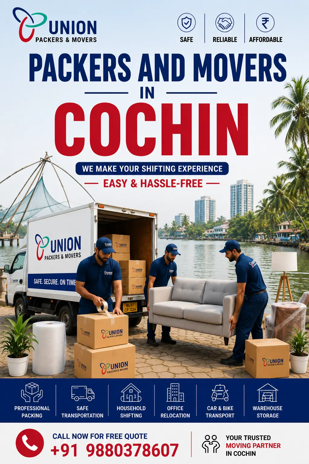 Professional packers and movers in Cochin transporting and packing household furniture near Cochin waterfront with a moving truck and relocation crew.