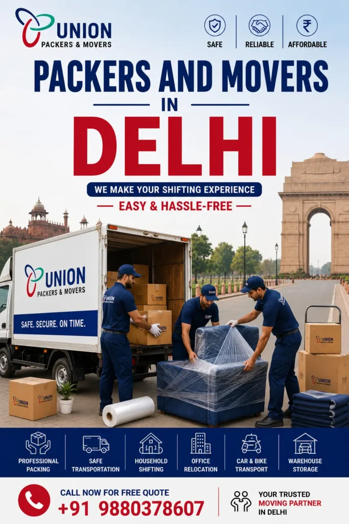 Professional packers and movers in Delhi loading and transporting household furniture with a moving truck for safe relocation services.