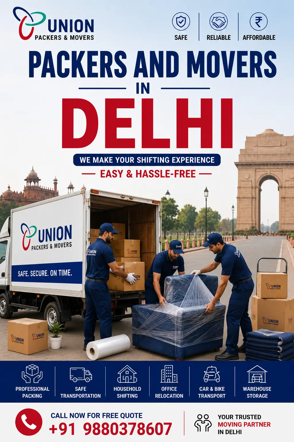 Professional packers and movers in Delhi loading and transporting household furniture with a moving truck for safe relocation services.