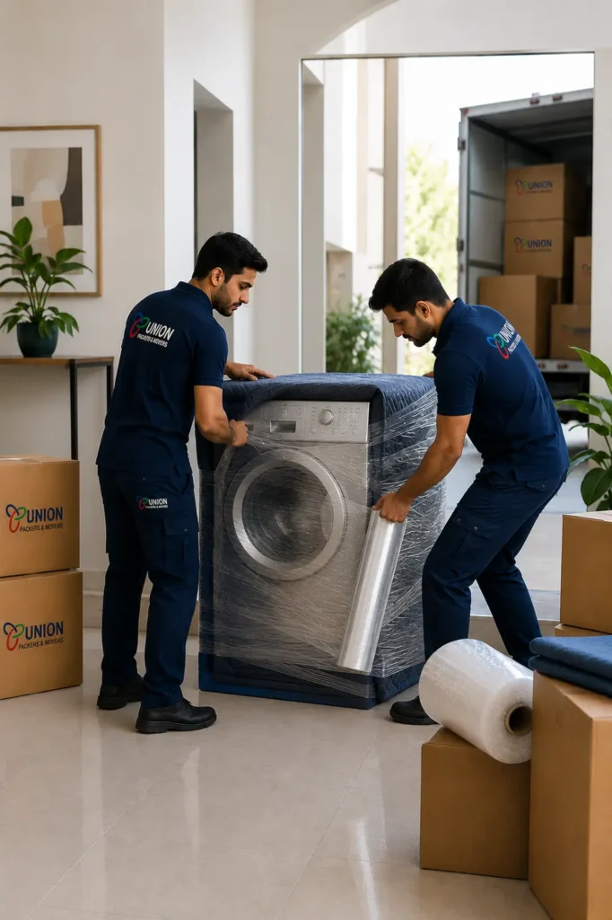 Two professional Packers and Movers in HSR Layout packing a washing machine with protective wrapping and moving blankets before transportation.