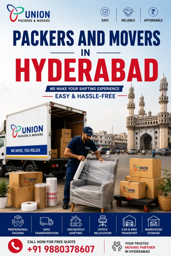 Professional packers and movers in Hyderabad wrapping furniture with protective film for safe home shifting services