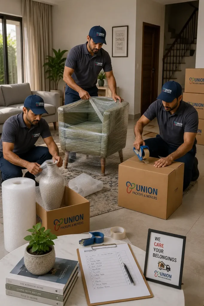 Packers and Movers in ITPL Nagar packing furniture and household items with bubble wrap and moving boxes inside a modern home before relocation.