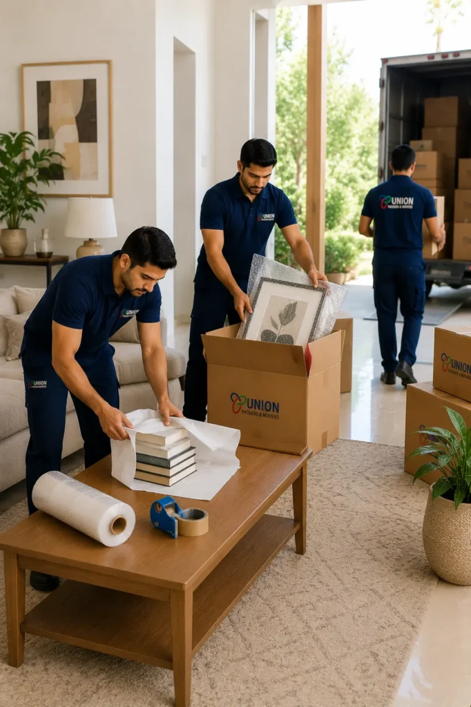 Packers and Movers in JP Nagar carefully packing books, framed artwork, and household items for safe home relocation