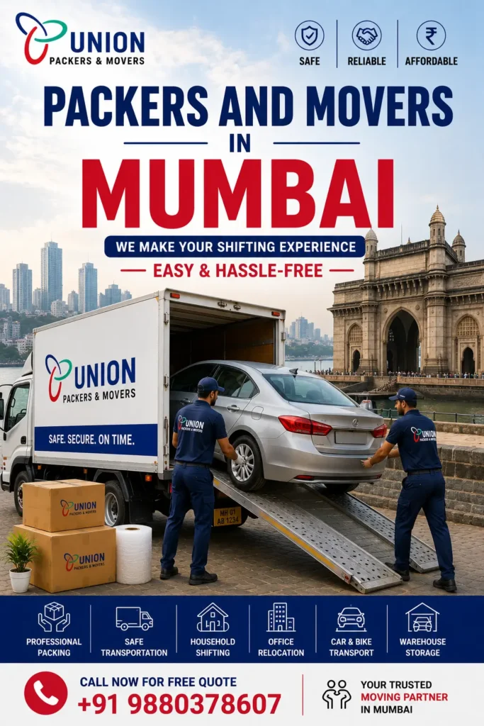 Professional packers and movers in Mumbai loading car into transport truck near Gateway of India for safe vehicle shifting services
