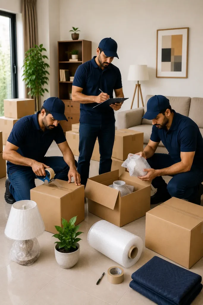 Three professional Packers and Movers in Ramamurthy Nagar inspecting packed household items, verifying inventory, and preparing boxes for safe relocation.