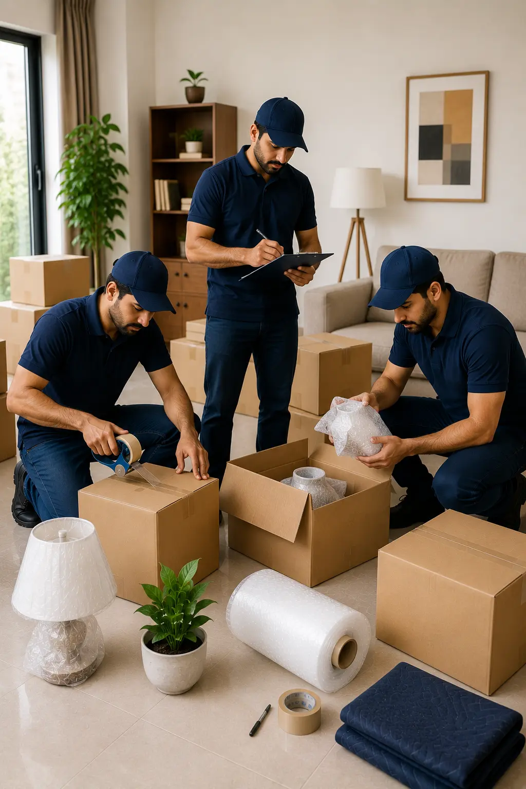 Three professional Packers and Movers in Ramamurthy Nagar inspecting packed household items, verifying inventory, and preparing boxes for safe relocation.