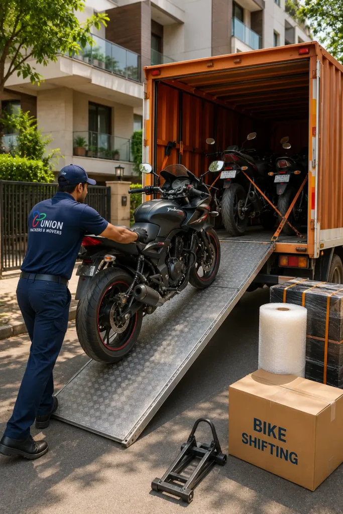 Professional bike shifting in Bangalore with trained movers carefully loading a motorcycle into a transport vehicle for safe relocation.