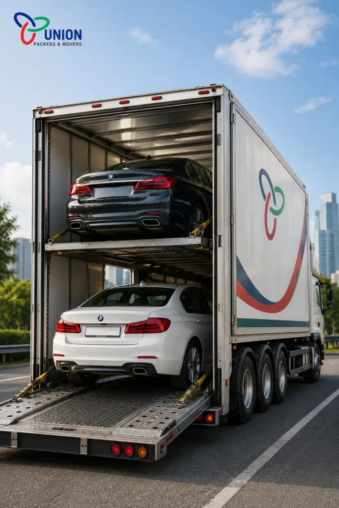 Car carrier services in Bangalore transporting premium cars safely in an enclosed vehicle carrier truck for long-distance relocation.