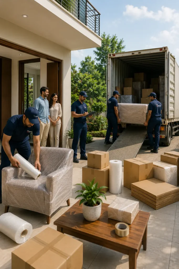 Professional domestic packers and movers in Bangalore loading household furniture and packed goods into a container truck for intercity relocation.
