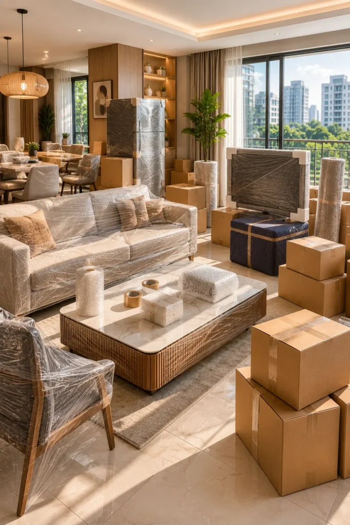 Household shifting services in Bangalore with professionally packed furniture, appliances, and household goods prepared for safe relocation.