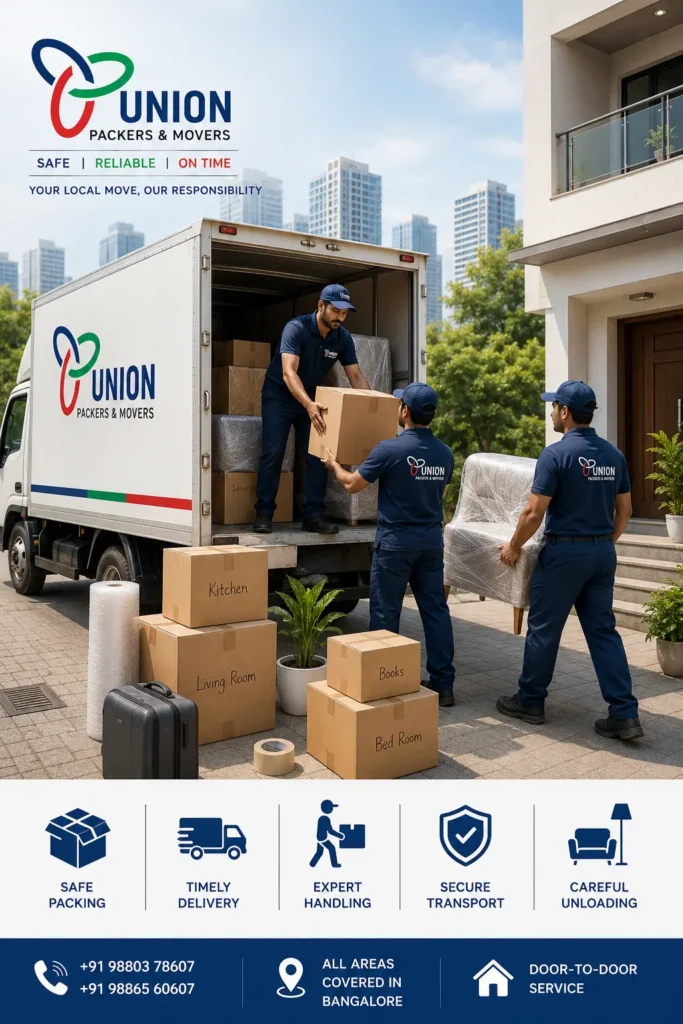 Local Packers and Movers in Bangalore loading household goods and furniture into a moving truck for safe home relocation.