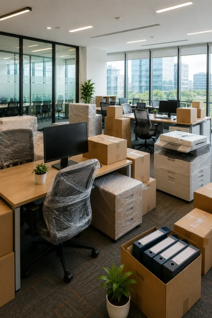 Office shifting in Bangalore with professionally packed office furniture, workstations, computers, and business equipment prepared for relocation.