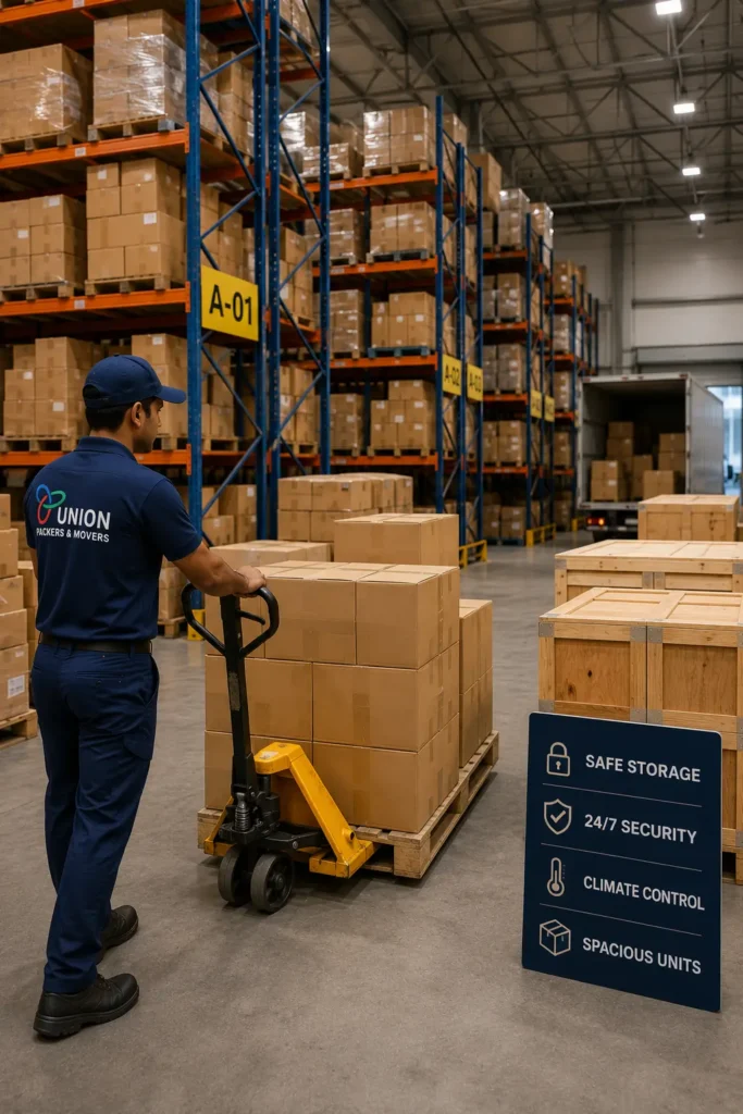 Modern warehouse storage facility in Bangalore with organized storage racks, secured inventory, palletized goods, and professional warehouse management.