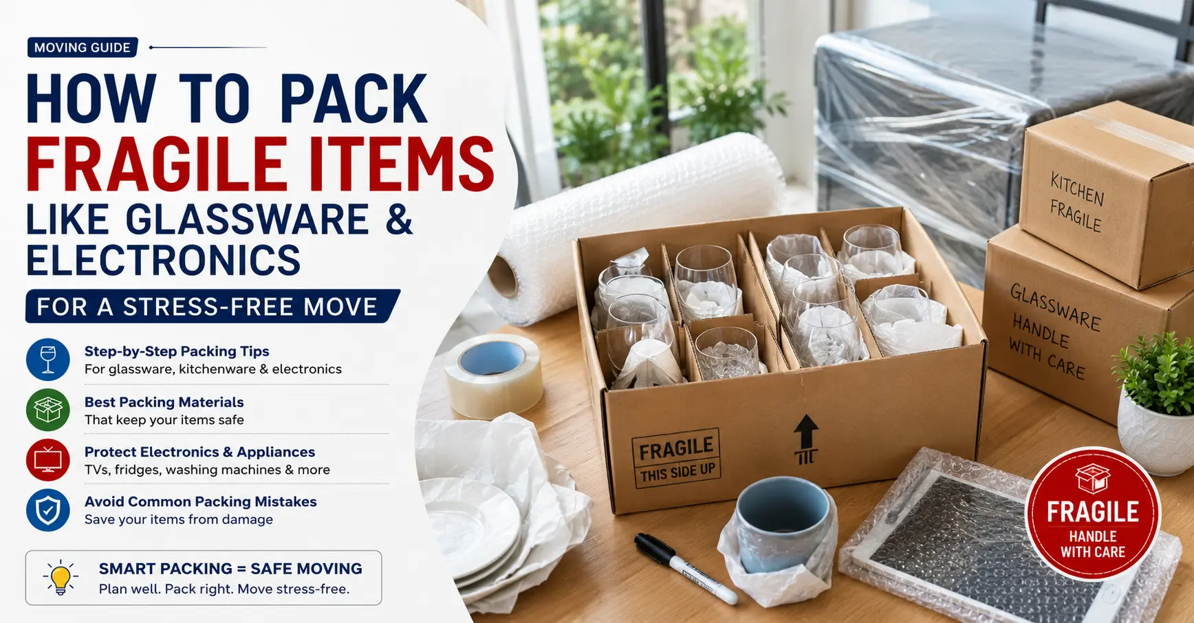 How to pack fragile items for moving safely using bubble wrap, dividers and sturdy boxes to protect glassware, kitchenware and electronics during relocation.