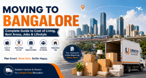Moving to Bangalore guide banner featuring Bangalore skyline, relocation truck, packing boxes, and Union Packers and Movers for safe home shifting services.