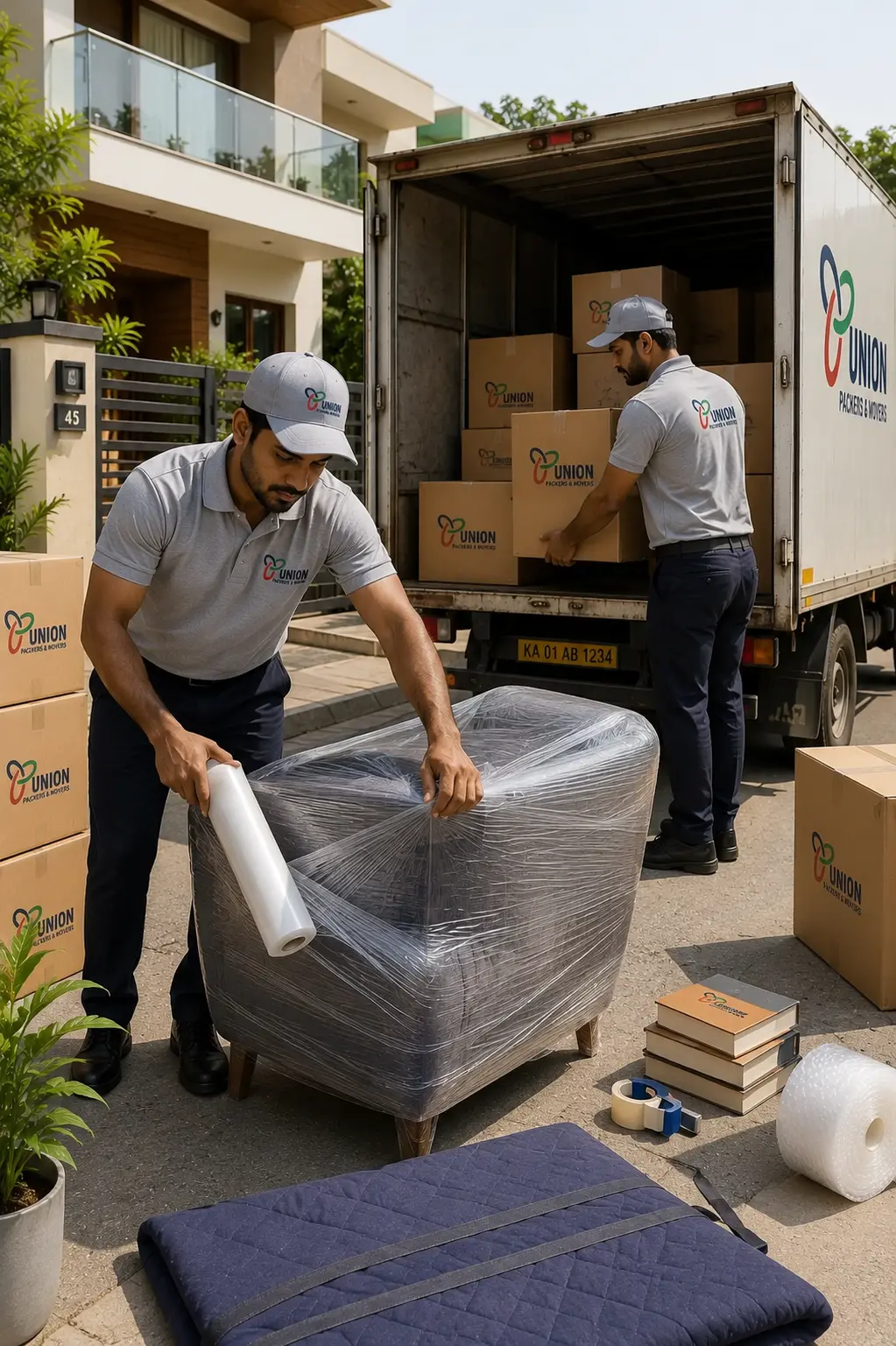 Professional Packers and Movers in Koramangala securely wrapping furniture and loading household items for a safe home shifting service.