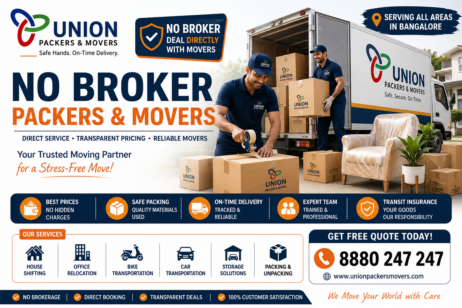 No Broker Packers and Movers in Bangalore offering direct booking, safe packing, house shifting, and reliable relocation services