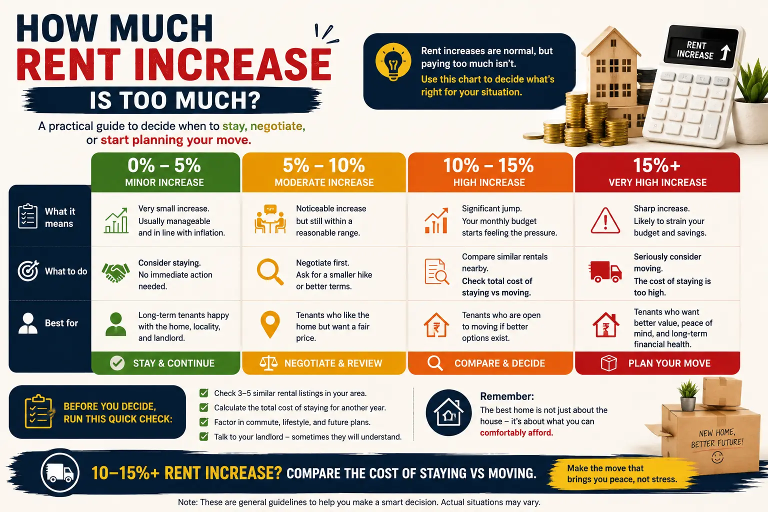 Rent increase chart showing when to stay, negotiate, or consider moving